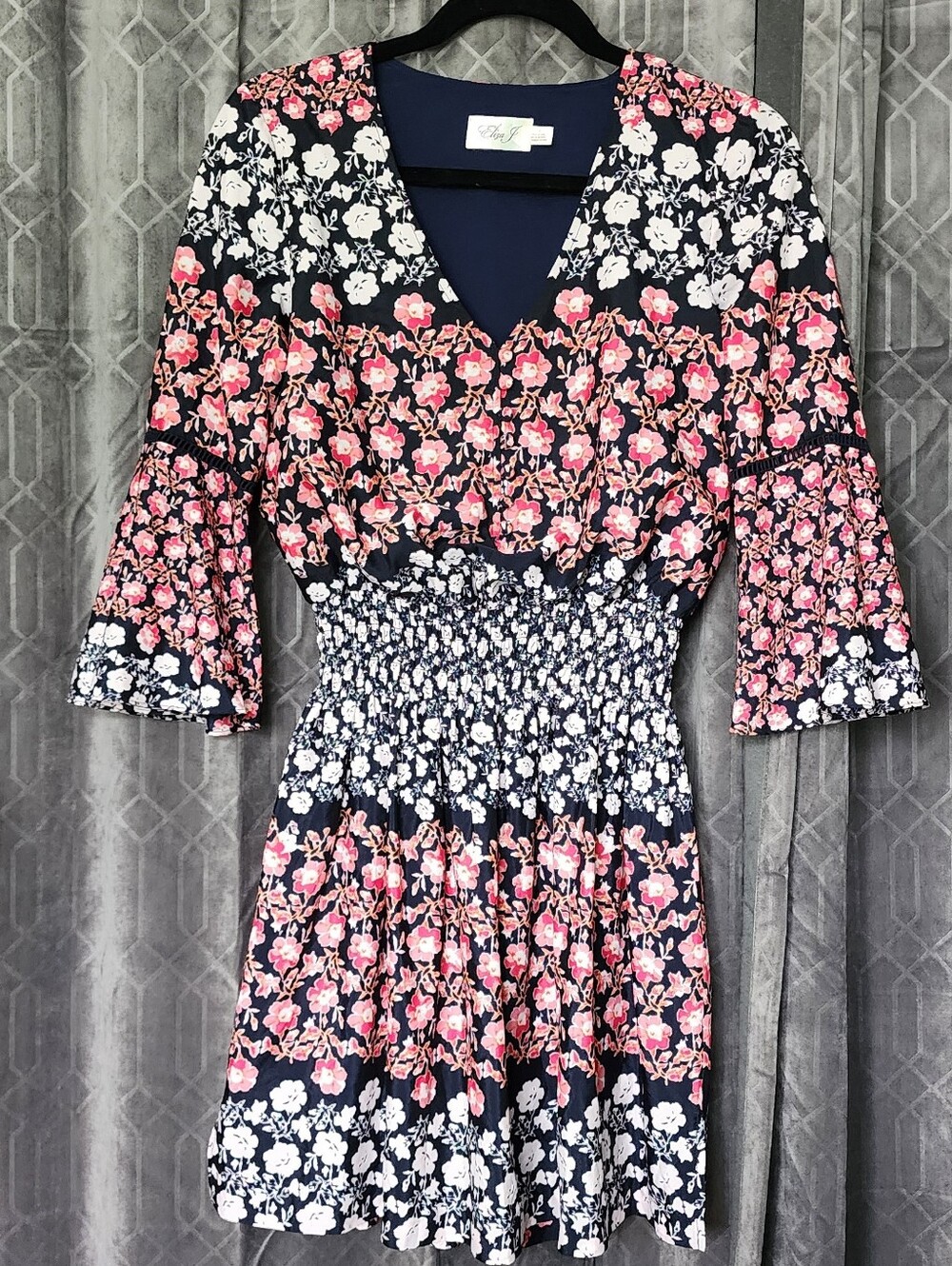 Eliza J Size 2 Navy Dress with Pink Floral Trim